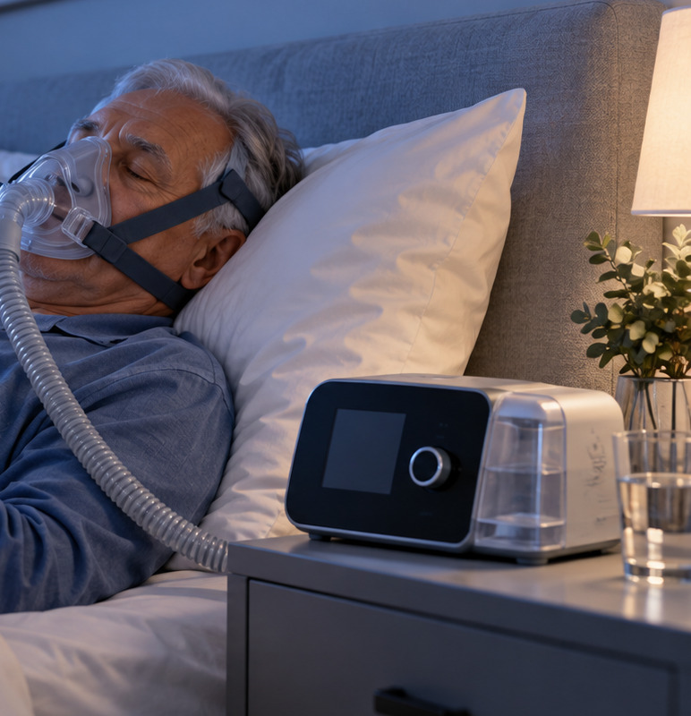 Пациент спокойно спит с маской CPAP после периода привыкания к лечению