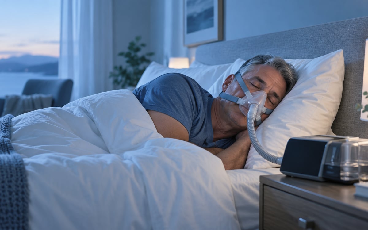 Мужчина спит на боку в маске CPAP, аппарат с увлажнителем установлен возле кровати