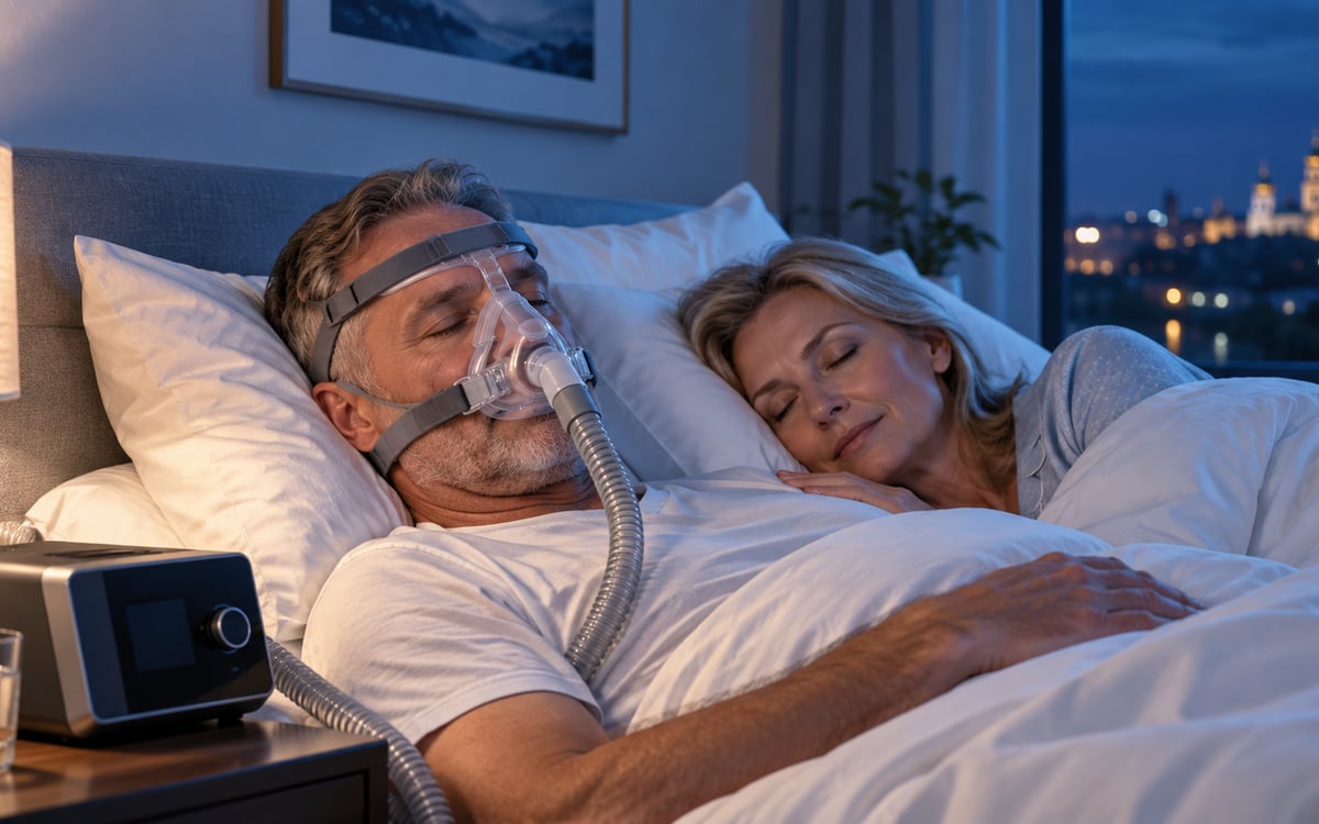 Пациент спокойно спит с маской CPAP рядом с близким человеком, аппарат стоит у кровати
