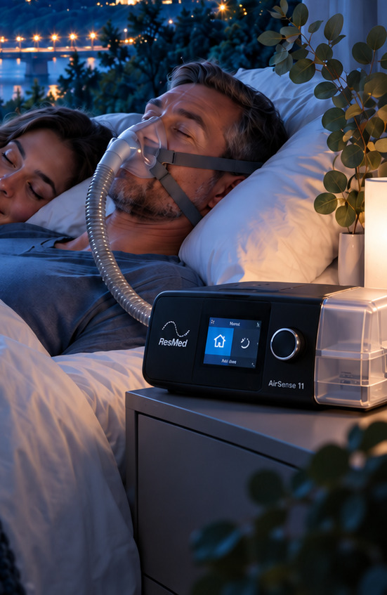 Пациент с CPAP-маской и аппаратом во время сна