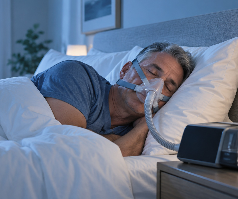 Пациент спит с CPAP-аппаратом на прикроватной тумбе