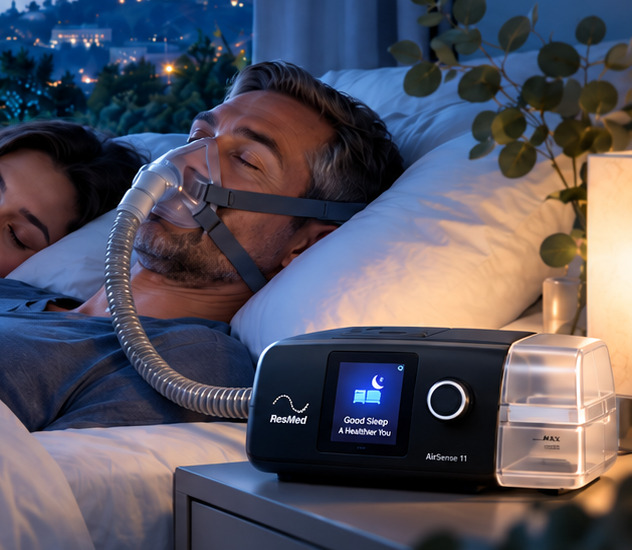 Пациент во время CPAP-терапии с маской и аппаратом