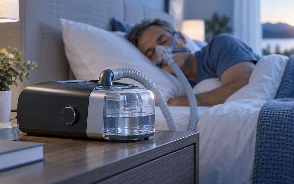 CPAP-аппарат с прозрачной камерой для воды у кровати спящего человека