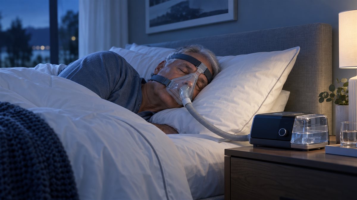 Пациент спит на боку с маской CPAP, шланг подключён к аппарату у кровати