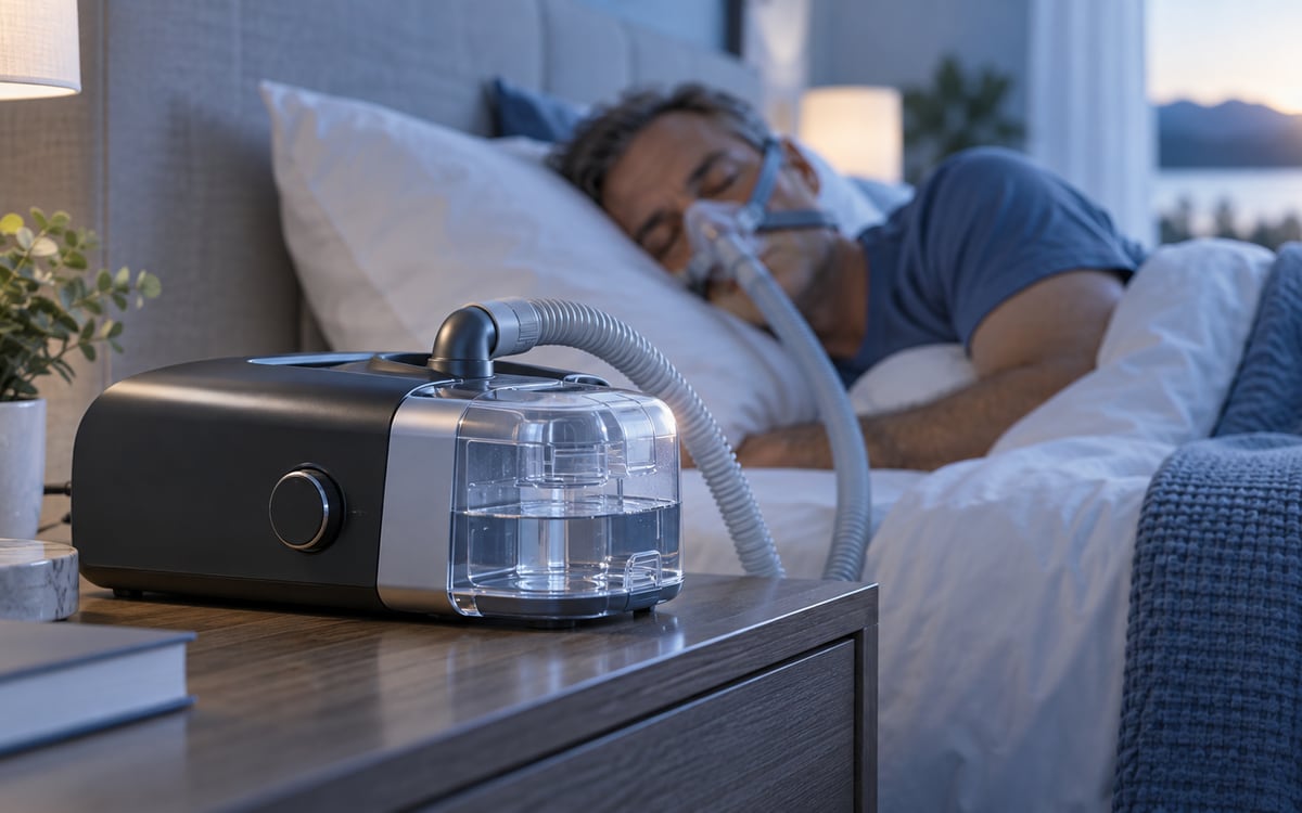 Аппарат CPAP с увлажнителем и трубкой возле кровати пациента, спящего с маской