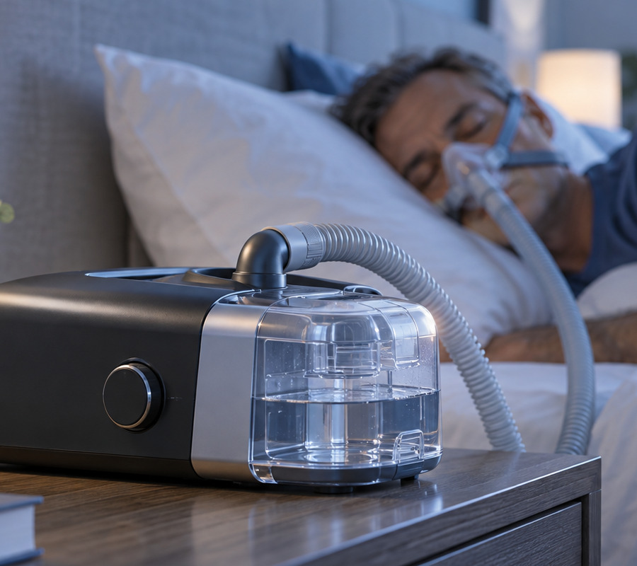 Пациент использует CPAP-аппарат во время сна после назначения терапии