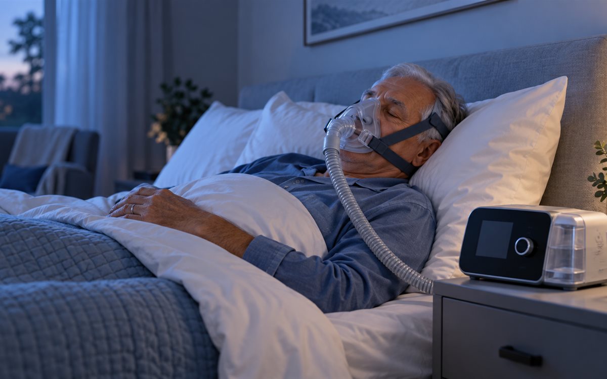 Мужчина спокойно спит с маской CPAP, рядом с кроватью стоит аппарат
